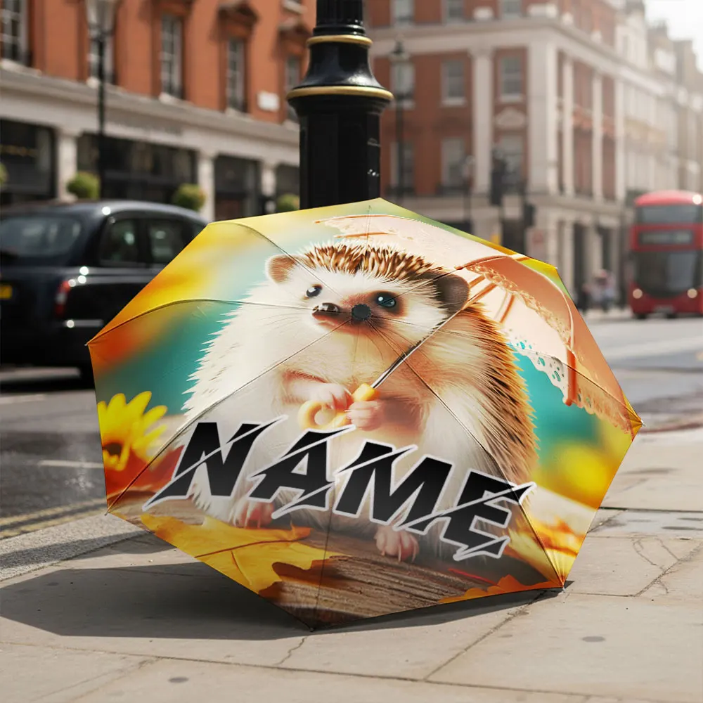 Custom Name umbrella, Adorable Hedgehog with Umbrella Fall Design Fashion Folding Umbrella for Daily Use, Christmas Gift