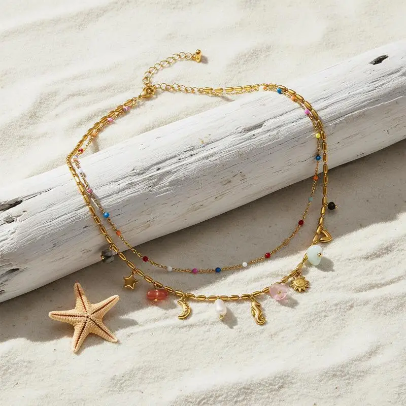 Boho Sexy Mode Edelstahl Seestern Seepferdchen Anhänger Halskette Damen Niedliche Bunte Perlen Schlüsselbeinkette Schmuck Geschenk – Detail 5