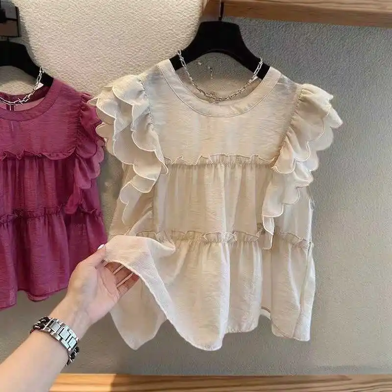 

Летний топ Sweet Lotus Le: Новинка, свободный крой, круглый вырез, повседневная офисная одежда для женщин