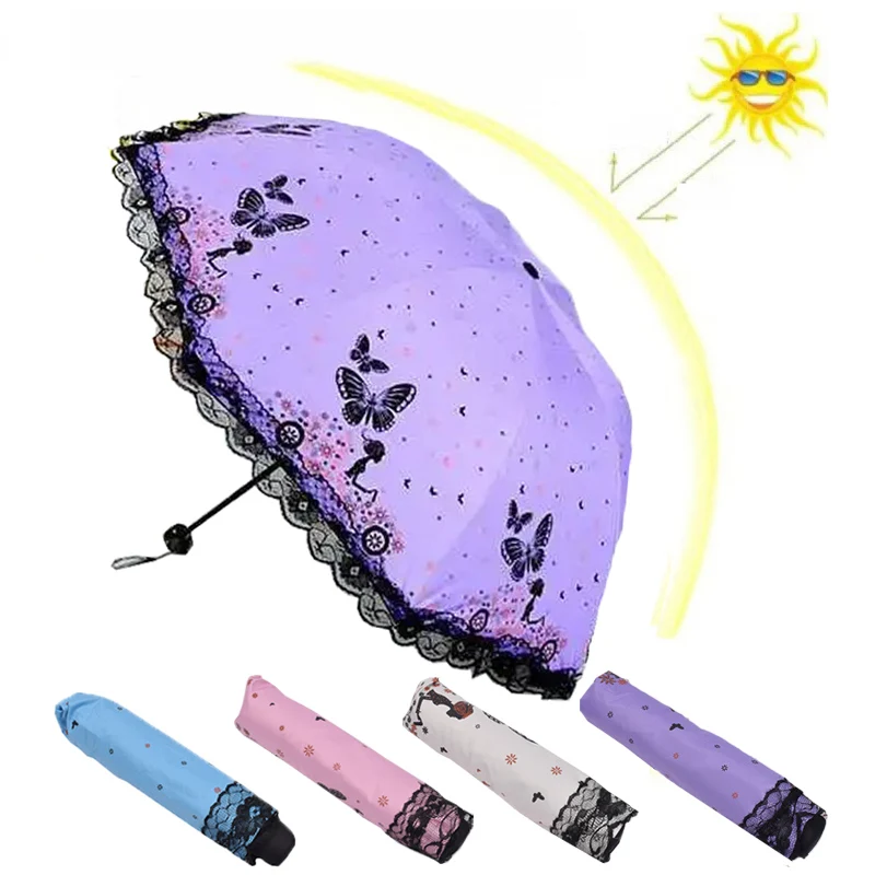 Butterfly Lace Printed Sunshade Umbrella For Both Rain Triple Fold Wind Resistant and Sun ResisTant Black Rubber Umbrella