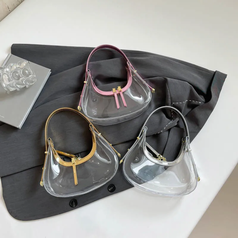 

Women's Pvc Handbag Patch Pu Transparent Half Moon Handle Bag Female Summer Fashion Beach Pack Large Capacity Jelly Shoulder Bag