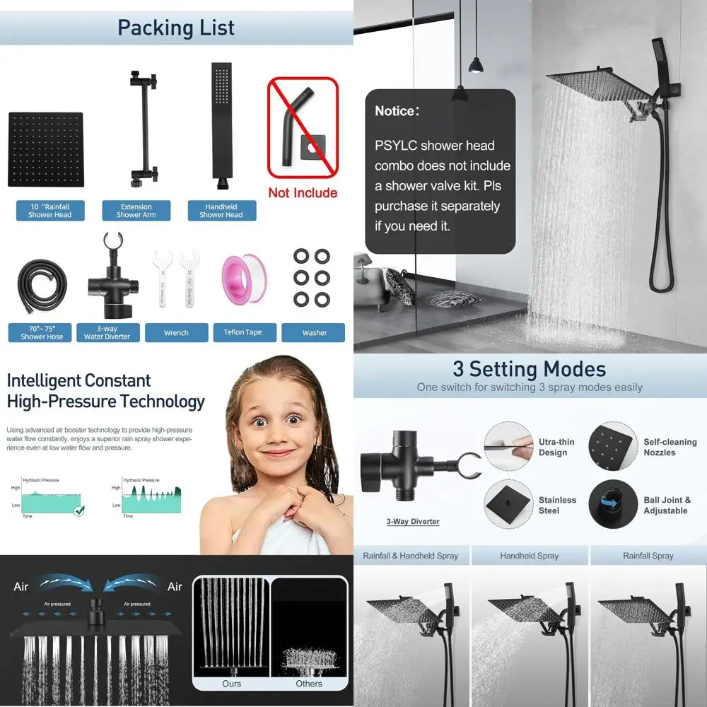 

10 Matte Black Shower Combo: Metal Rain Head, Handheld Spray, 70 Hose & Adjustable Arm