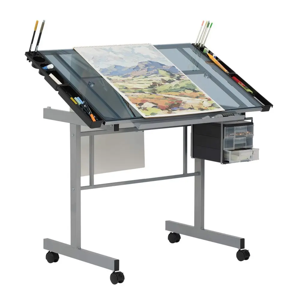 

Designs Vision Craft and Drawing Station 35.5 W by 23.75 D SilverBlue Glass Top Drafting Table with Pencil Drawers, Side Trays,