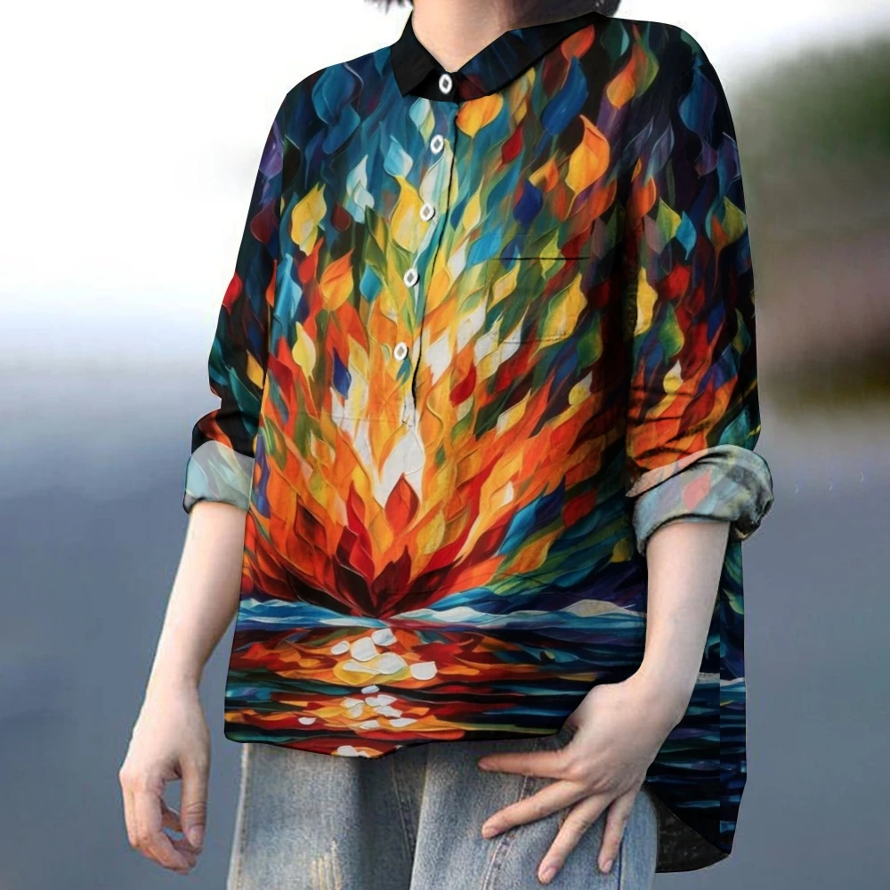 Color Flame Print Casual Long-Sleeved Shirt Women's Fashion Luxury New Polo Shirt Chic Loose Pullover New High Quality