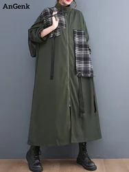 Oversized Vintage Spliced Long Trench Coat For Women New Stand Collar Casual Loose Outerwear Fashion Clothes Spring Autumn 2024