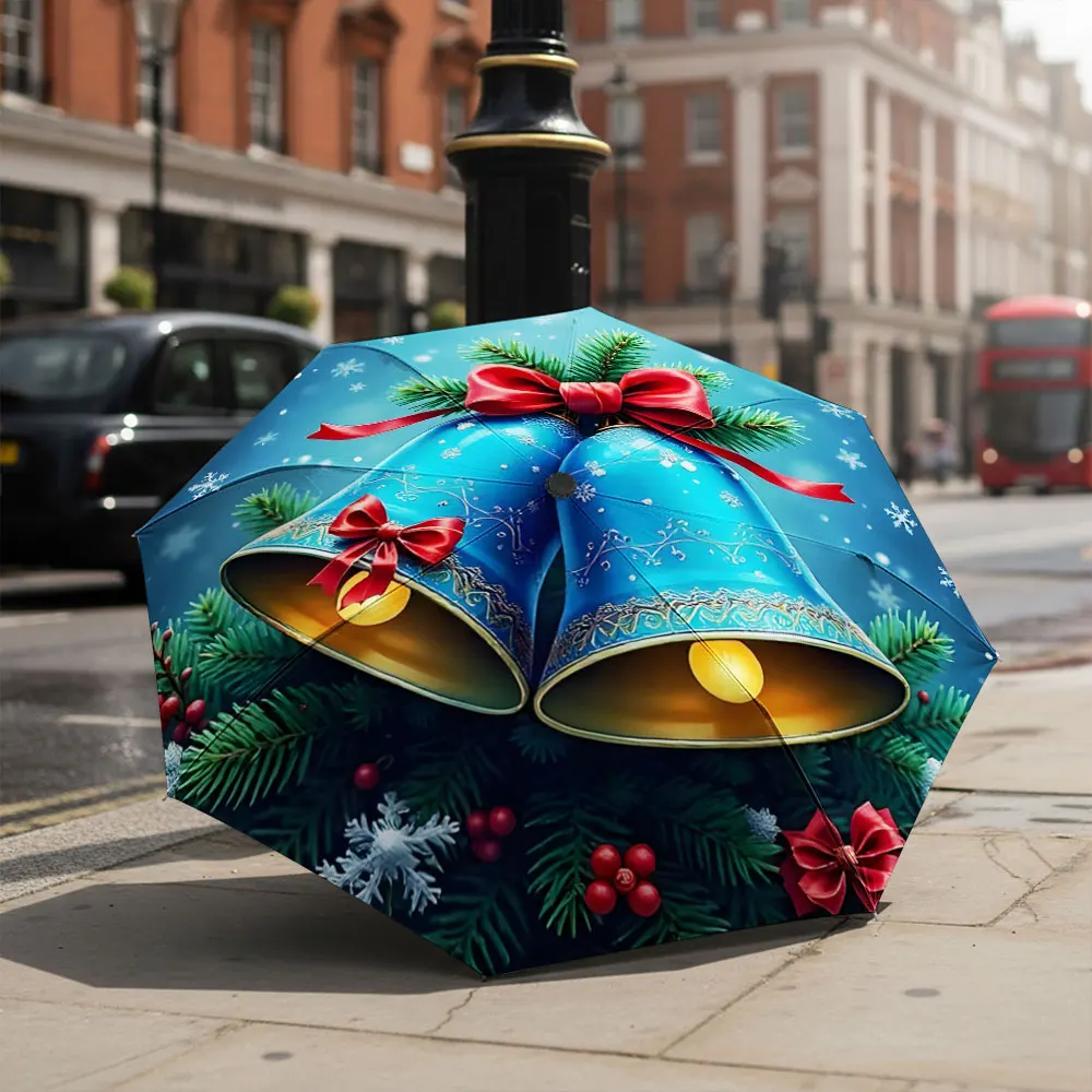 1P C Holiday Bell Umbrella in Front of Iconic Building Print 8 Iron Ribs Folding Umbrella Auto-Open Fashion Sunshade