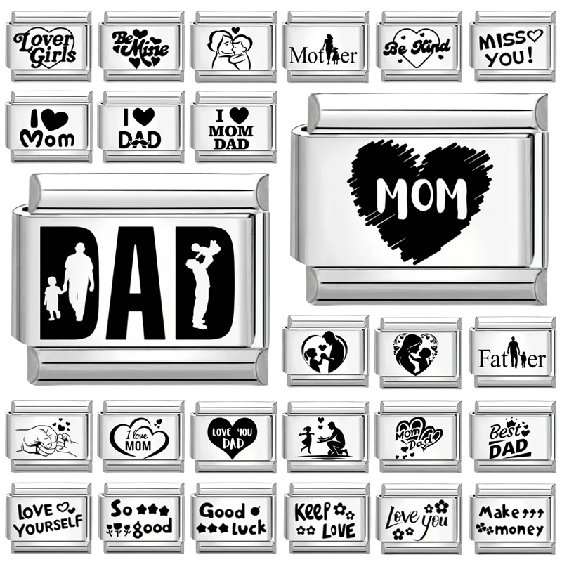Black Laser Engraving Dad Mom Father's Day Mother's Day Italian Charm Link Fit 9mm Stainless Steel Bracelet DIY Making Jewelrys