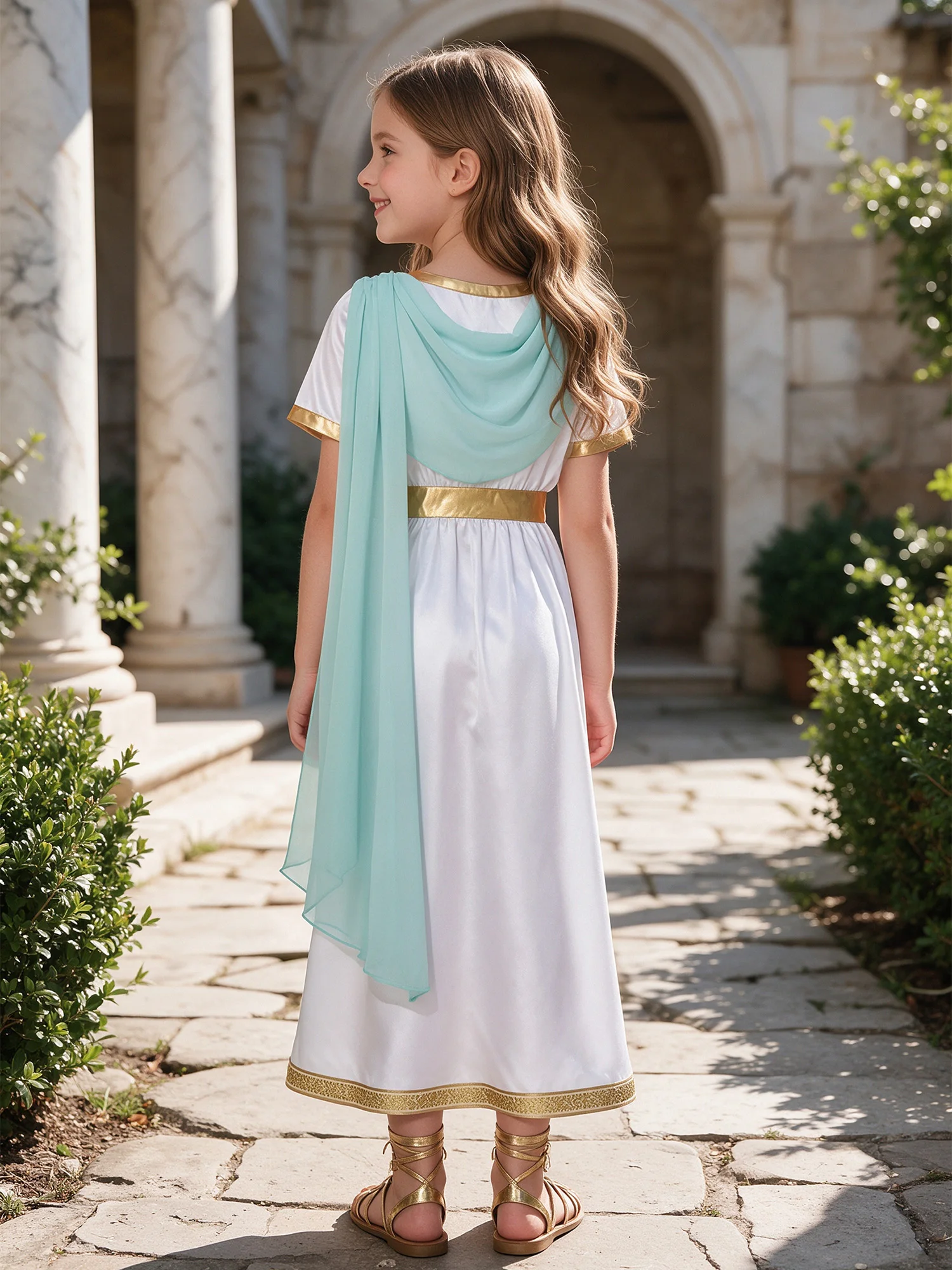 Child Girls Halloween Ancient Greek Roman Goddesses Deity Princess Cosplay Dress Worship Choir Robe Short Sleeve Satin Toga