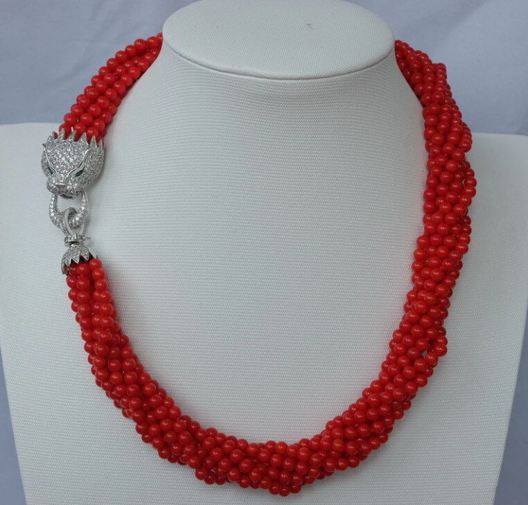 

Beautiful 8strds Red Coral Round necklace-zircon clasp