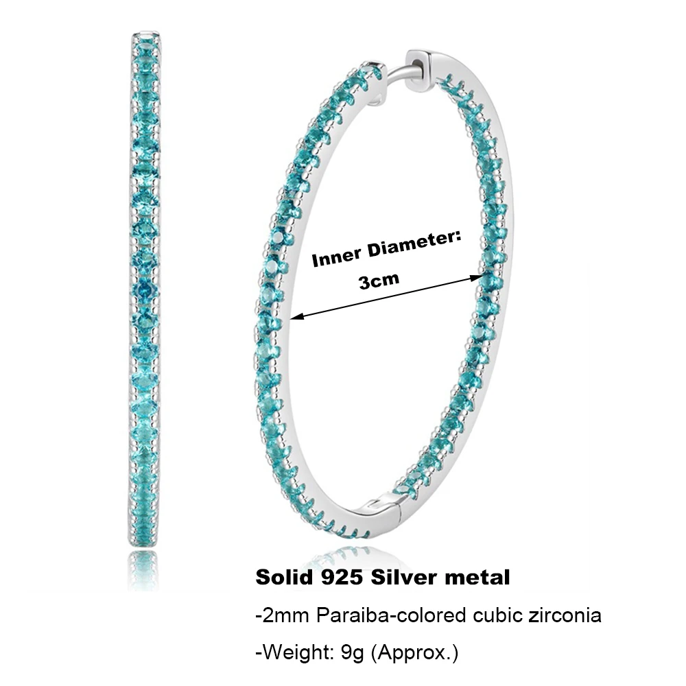 YLMyself 3CM Hoop Earrings 925 Sterling Silver 2mm Paraiba Blue CZ Pave Round Gift