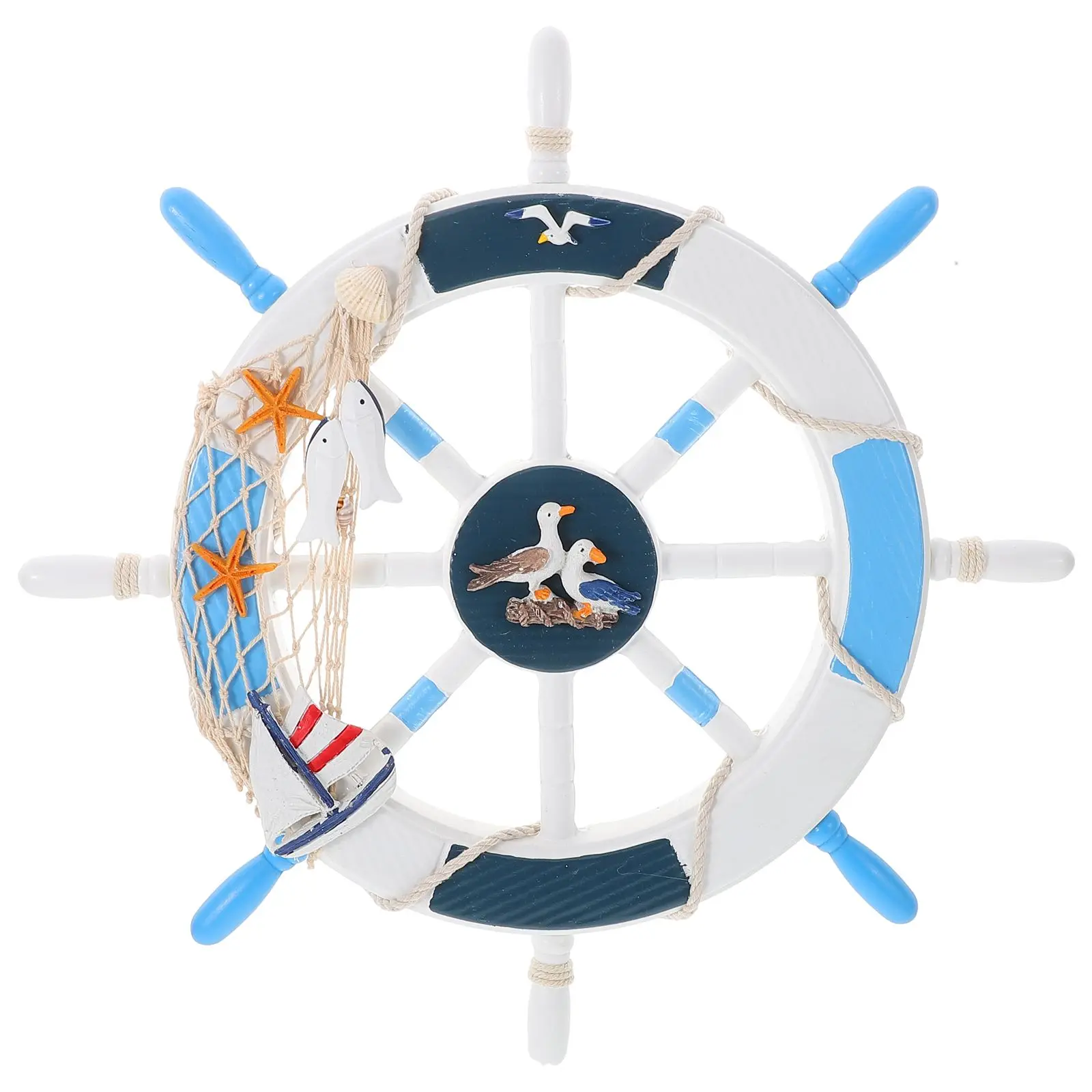 

Wooden Ship Wheel Wall Decor with Fishing Net Shells Rope for Home Bathroom Nautical Theme Beach Style Hanging
