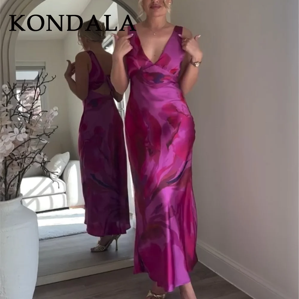 KONDALA 2025 春夏 エレガント レディース ワンピース ファッション プリント Vネック バックレス ノースリーブ ジッパー キャミ ストレート レディース ワンピース