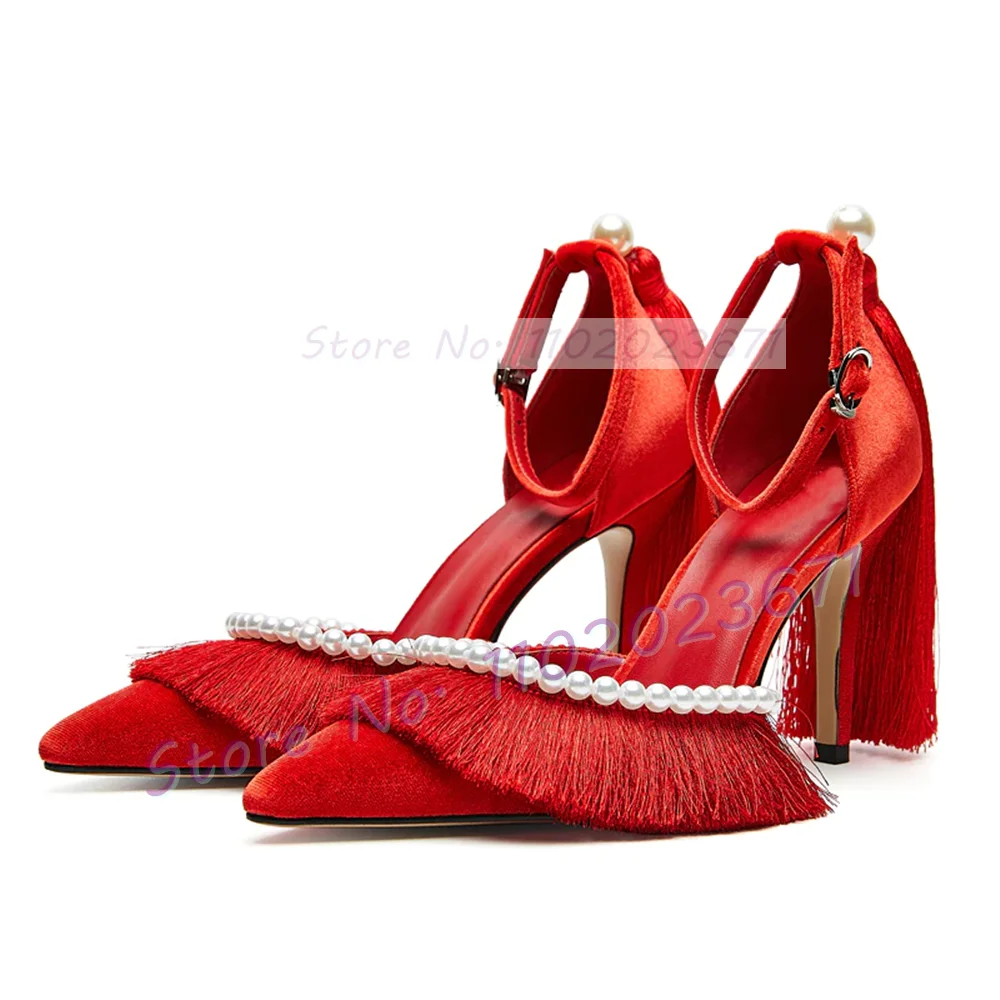 Red Tassel Pearl High Heels Satin Sandals Women Chic Pointy Festive Bridal Shoes Female Ankle Strap Elegant Party Dress Sandals