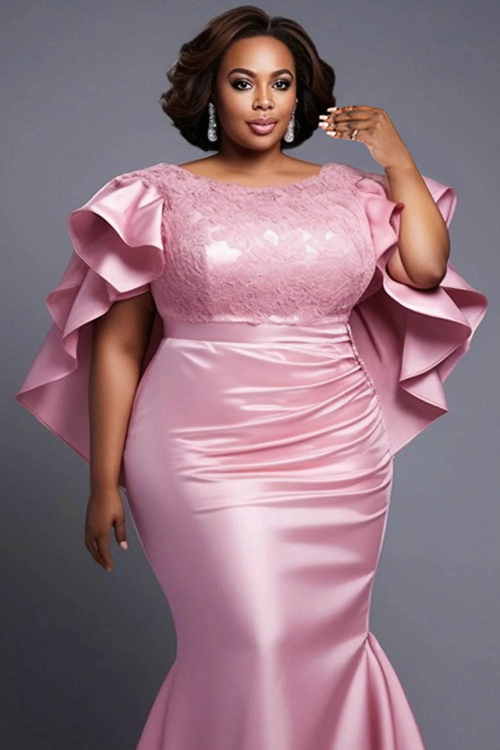 بالإضافة إلى حجم الوردي جولة الرقبة البتلة كم حورية البحر أنيقة كشكش الدانتيل فساتين ماكسي الساتان #2