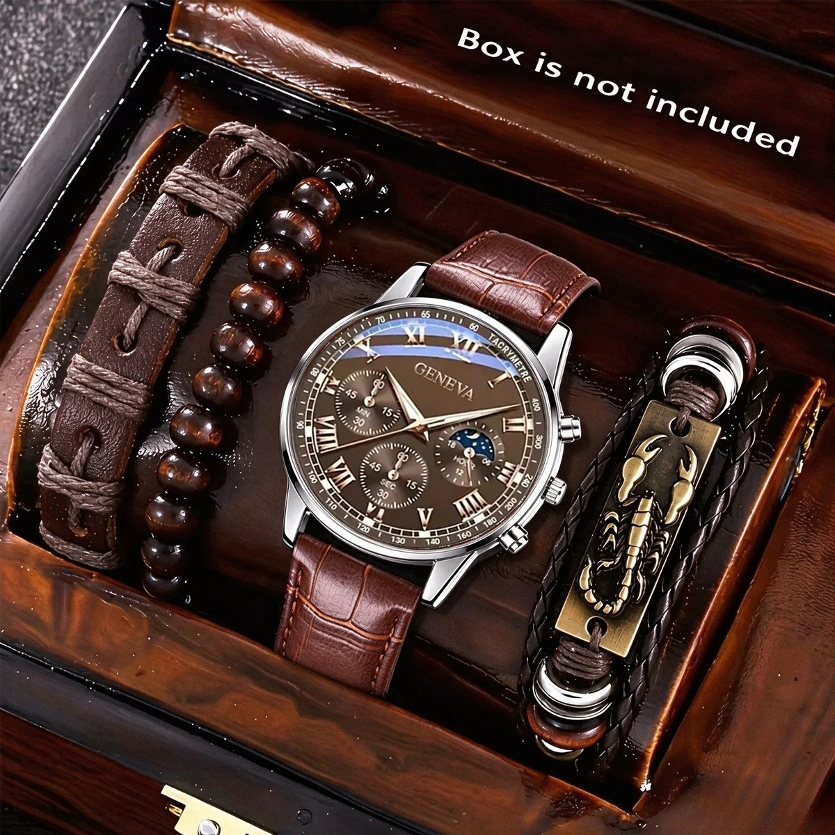 4PCS Luxury Men Watches Bracelets Set Fashion Business Brown Leather Quartz Wristwatch Gift Relogio Masculino（Without Box）