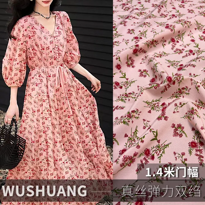 

Pink Ditsy Floral Print Silk Stretch Crepe De Chine Fabric Mulberry Silk Material For Dresses 140cm Wide Blouse