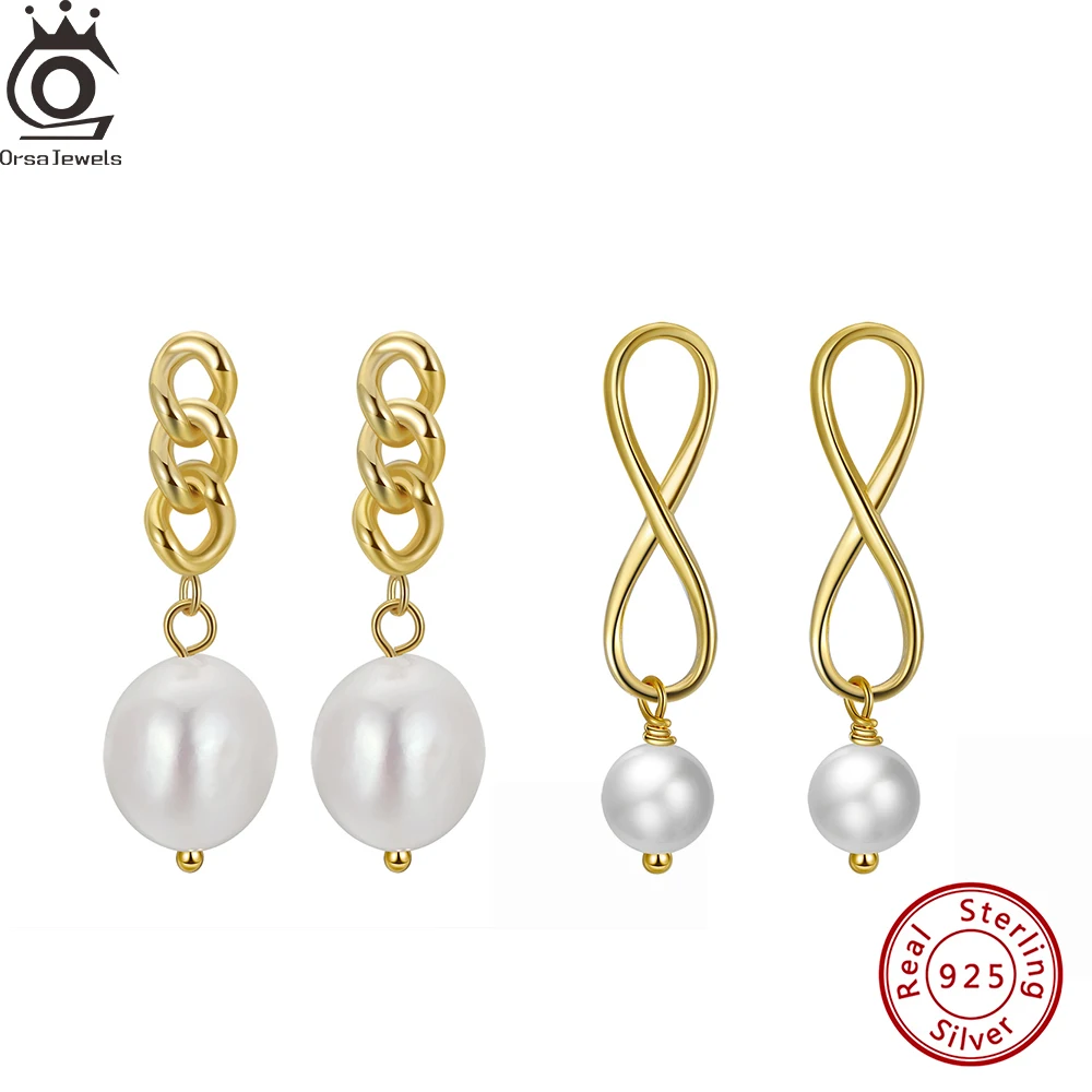 

ORSA JEWELS 14K Gold Plated Twisted Chain Earrings with Real Baroque Pearl 925 Sterling Silver Pearls Pendant Earring Gift GPE53