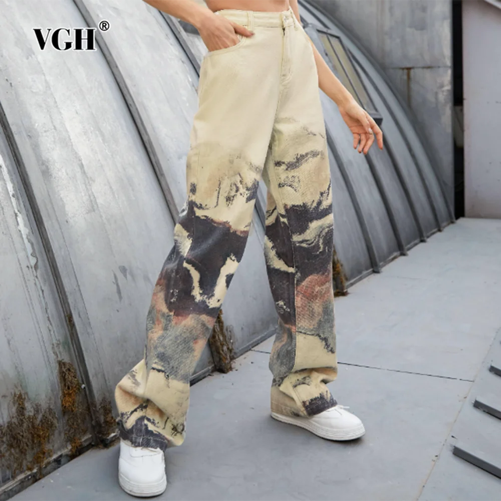 

VGH Hit Color Patchwork Zipper Denim Trousers For Women High Waist Spliced Pockets Minimalist Wide Leg Pants Female Fashion New