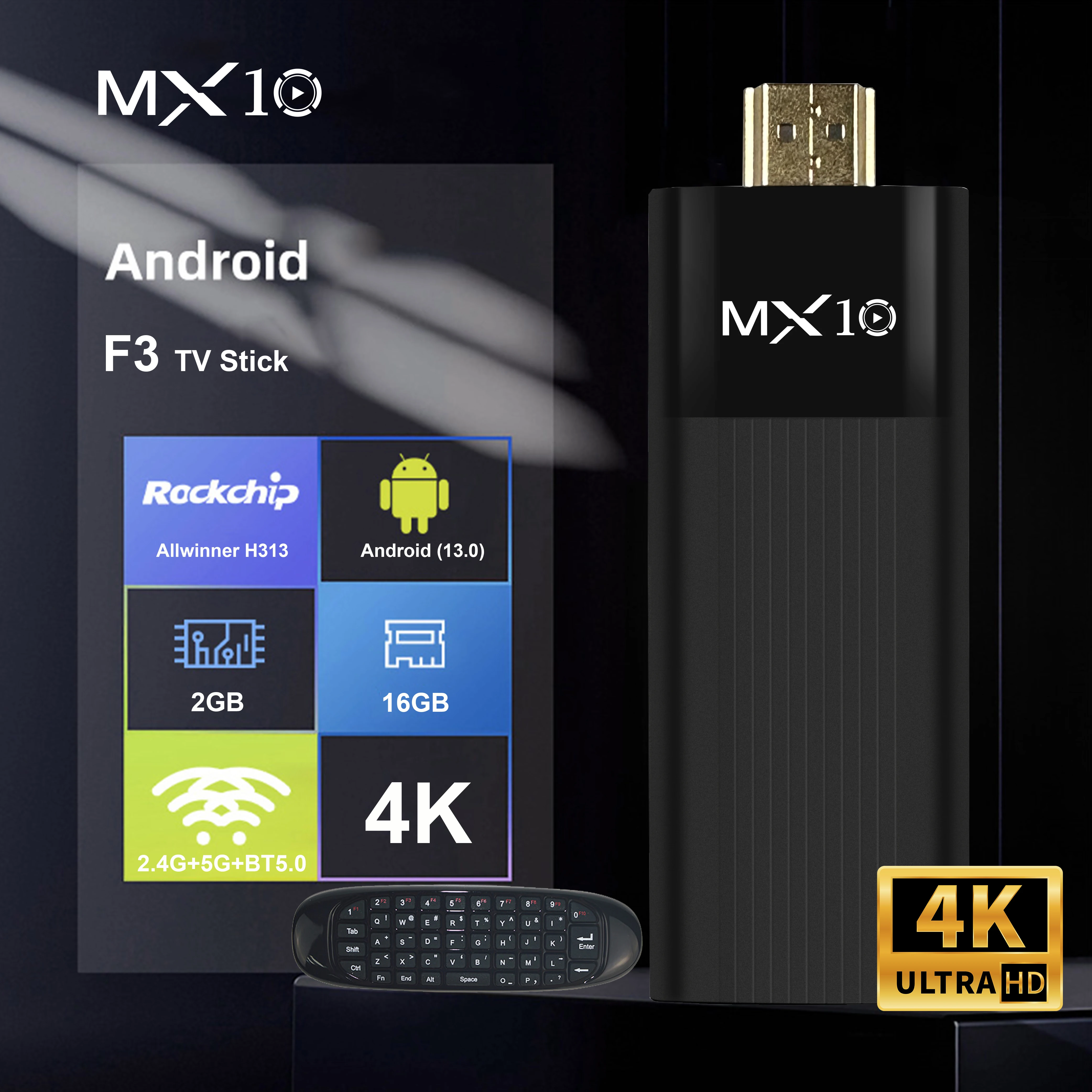 لوحة مفاتيح لاسلكية صغيرة وAmazon Fire TV Stick MX10 F3 Allwinner H313 Android 13 Bluetooth 2.4G Air Mouse Remote مع إضاءة خلفية