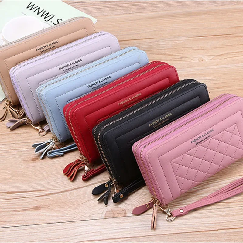 Long Wallet for Women Female Tassel Coin Purse Card Holder Wallets Double Zipper PU Leather Clutch Bags Luxury Money Phone Bag