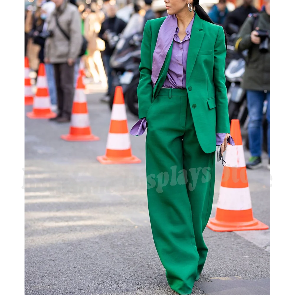 

Casual Solid Color Women Suits Two Pieces(Jacket+Pants) Chic Notched Lapel Single Breasted Straight Fit Female Daily Set