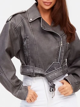 Ailegogo-女性の合成皮革のビンテージスタイルのジャケット,緑の短いコート,ストリートウェア,バイカーアウター,春と秋