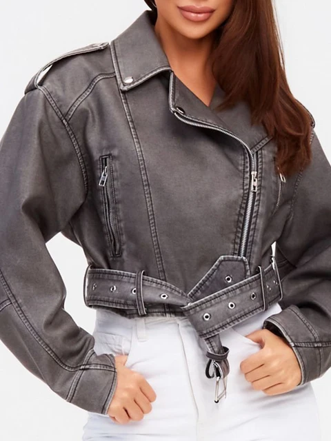Ailegogo damskie krótkie Grey Pu ze sztucznej skóry kurtka Streetwear damski, wiosenny jesień Moto kurtka na rower