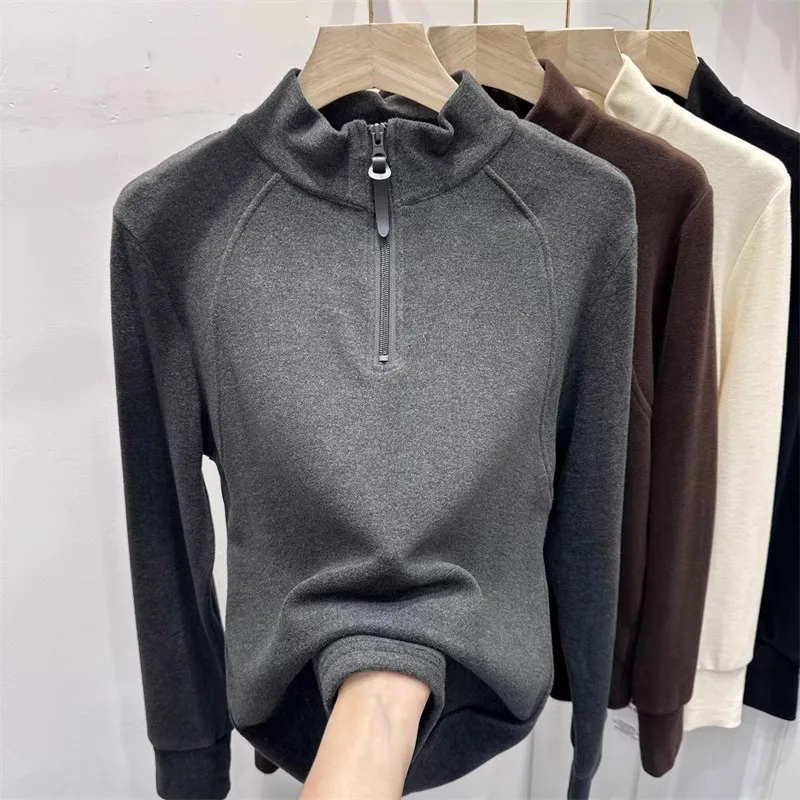

Thickened Long Sleeve Hoodie Women's Autumn Winter New Style Zipper Design High Neck Fashionable Streetwear Korean Style Poly...