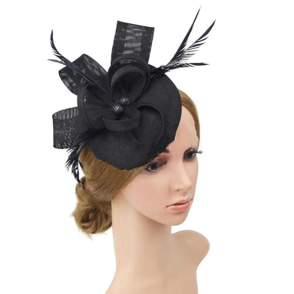 Faux Feather Fascinator Hat Net Yarn Hat Shape Bow Mesh Mini Beret Hat Headdress