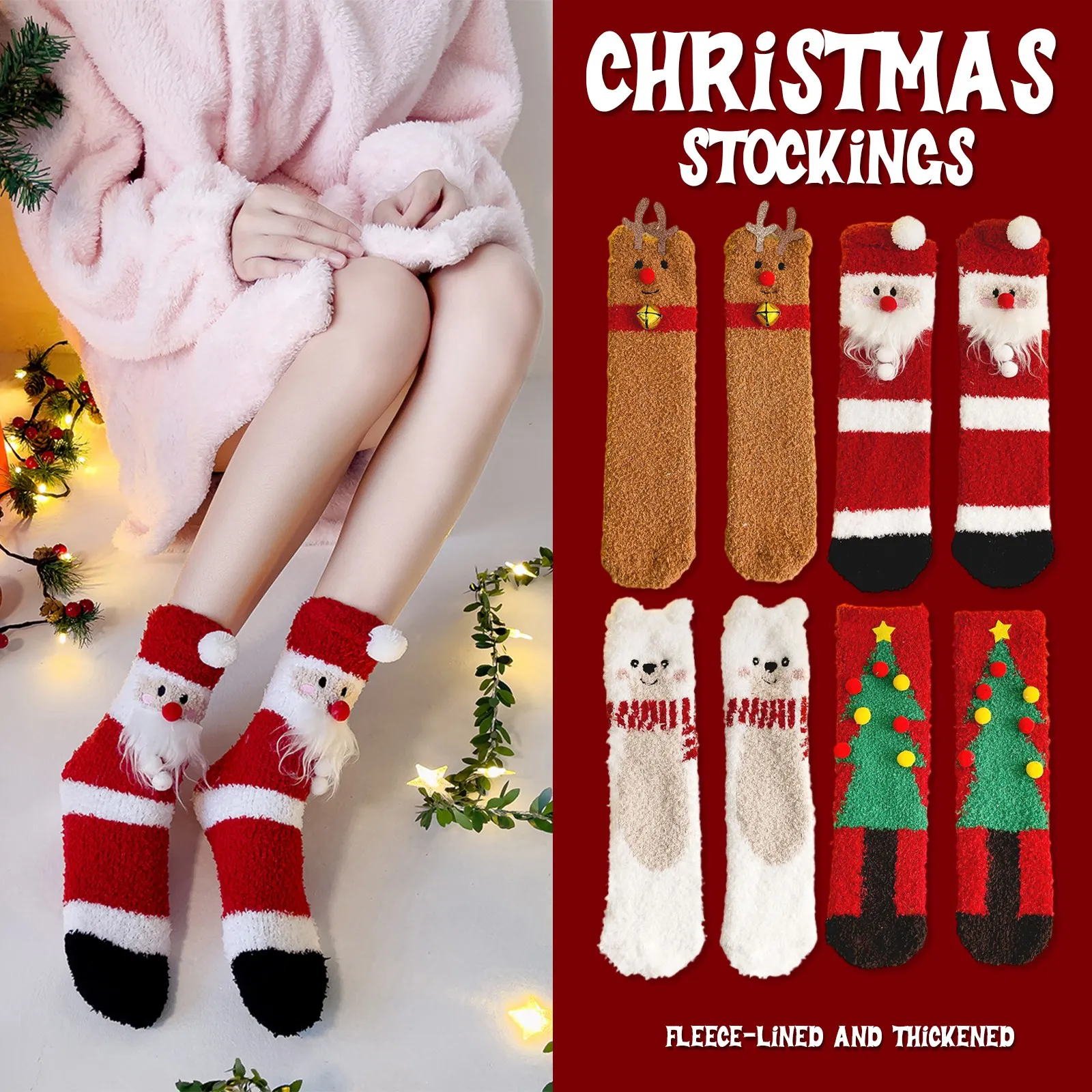 

Christmas Stockings Winter Warm Fleece Lined Thickened Cute Santa Elk Christmas Tree Soft Holiday Party Decor Cozy Home Socks