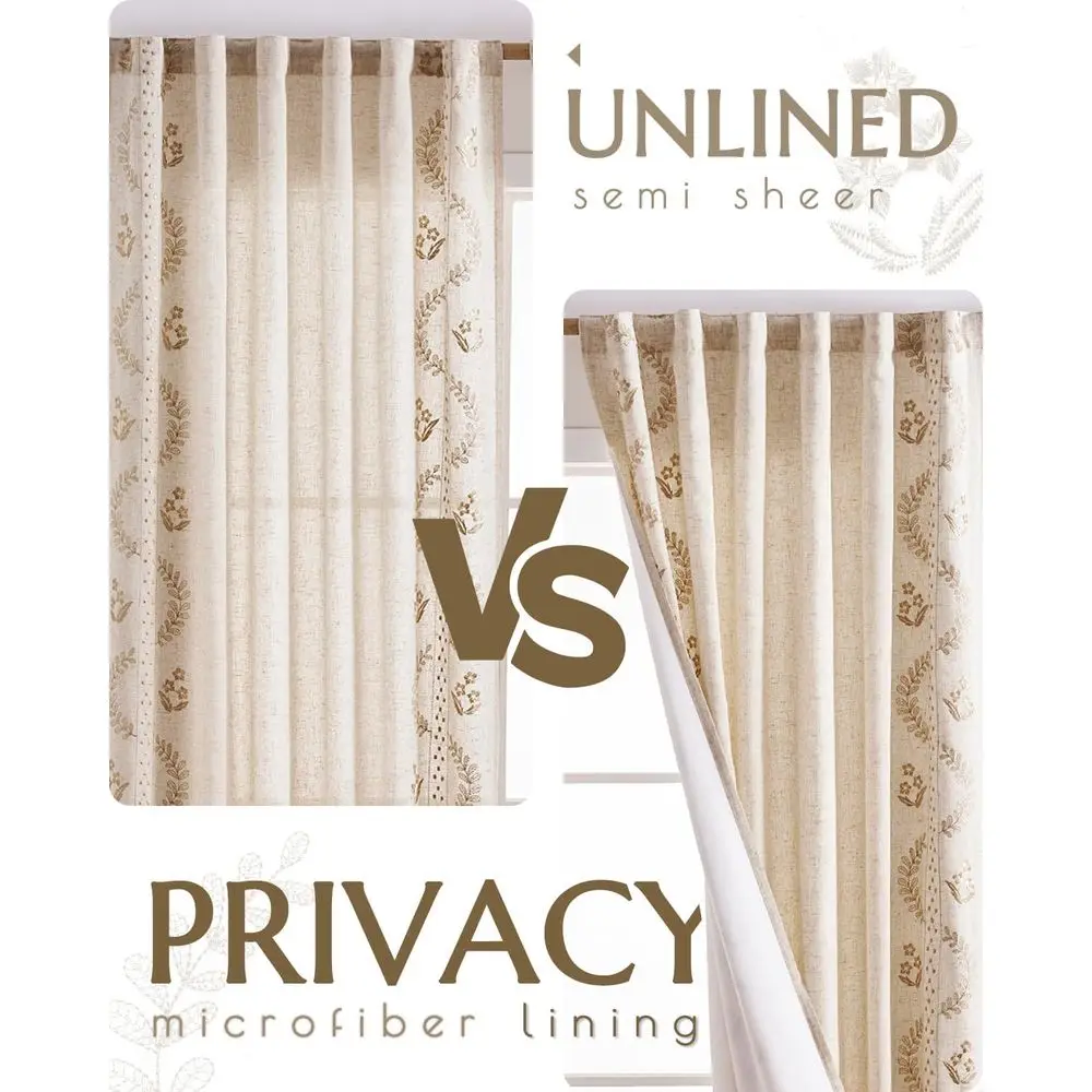 Beżowe, w stylu bohemy, z mieszanki lnu, z kwiatowym wzorem, z haftem, zestaw 2 paneli do sypialni i salonu.