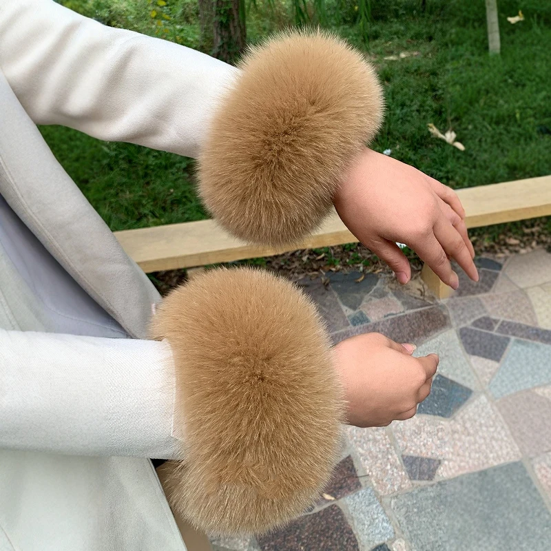 Real Fox Fur Cuffs Winter Women Wrist Sleeves Wristbands Wrist Protection Plush Windproof Cuff Sleeve Furry Arm Warmer