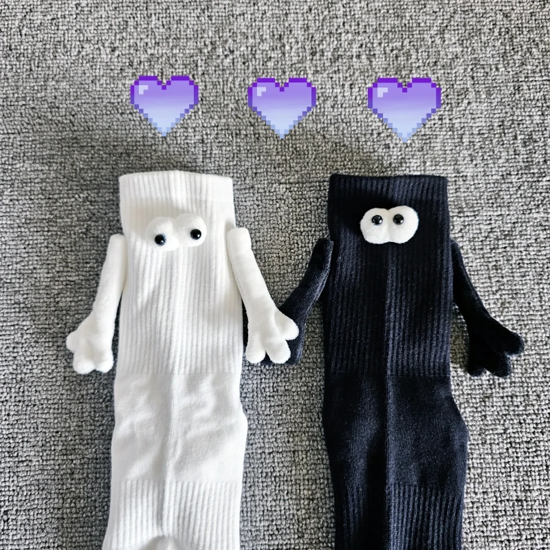 Magnetic Suction Hand in Hand Mid-calf Couples Socks for Women Funny Cartoon Eyes 3D Combed Cotton Breathable Comfortable Cute