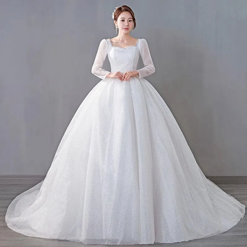 It's yiya abito da sposa bianco Bling Tulle perle colletto quadrato maniche lunghe Lace up Princess lunghezza del pavimento Plus size abiti da sposa