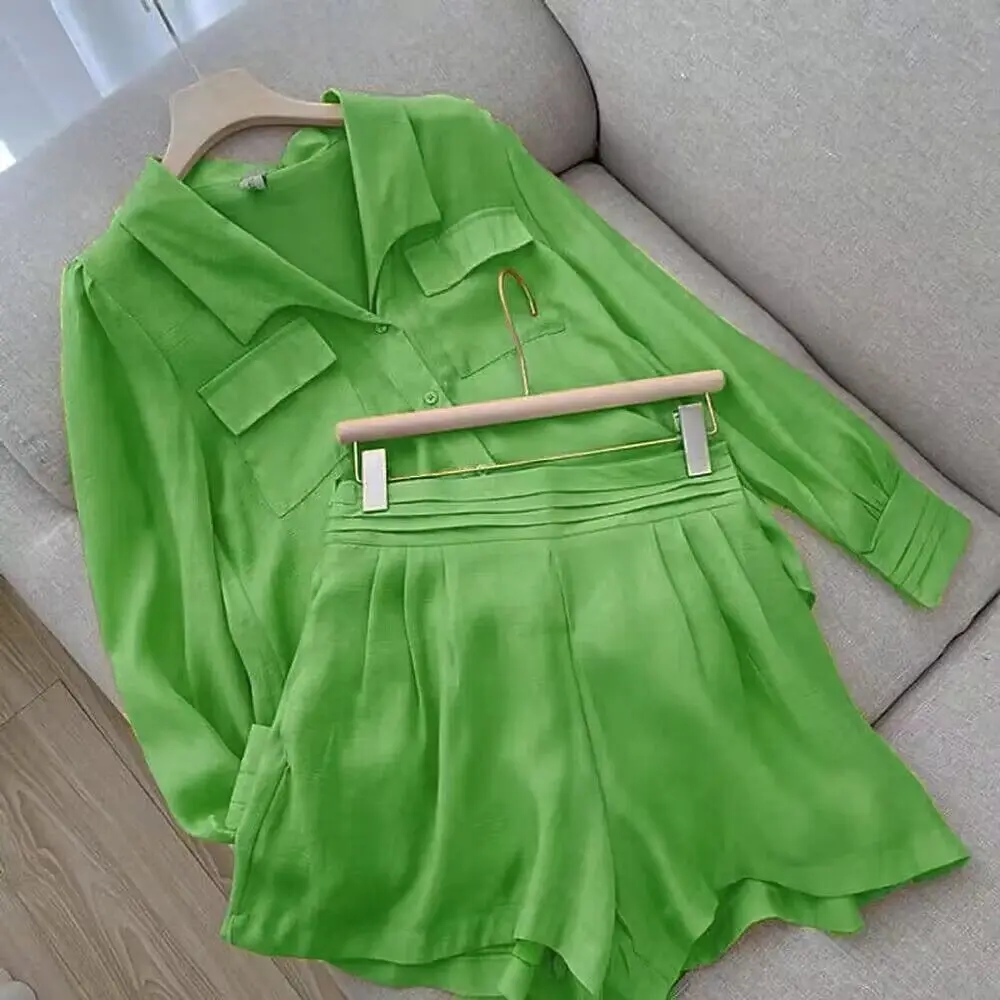 Shirt Two Piece Set For Women Spring Summer Shorts 2 Piece Sets Suits Solid Color Long Sleeve Shirt Short Casual Outfits Female