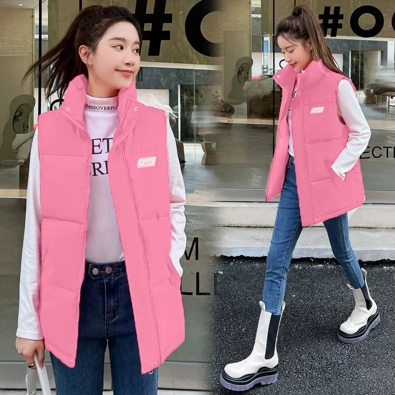 가을 겨울 따뜻한 크롭 조끼 자켓 여성용 패션 민소매 스탠드 칼라 지퍼 업 퍼퍼 양복 조끼 스트리트 스타일 아웃웨어