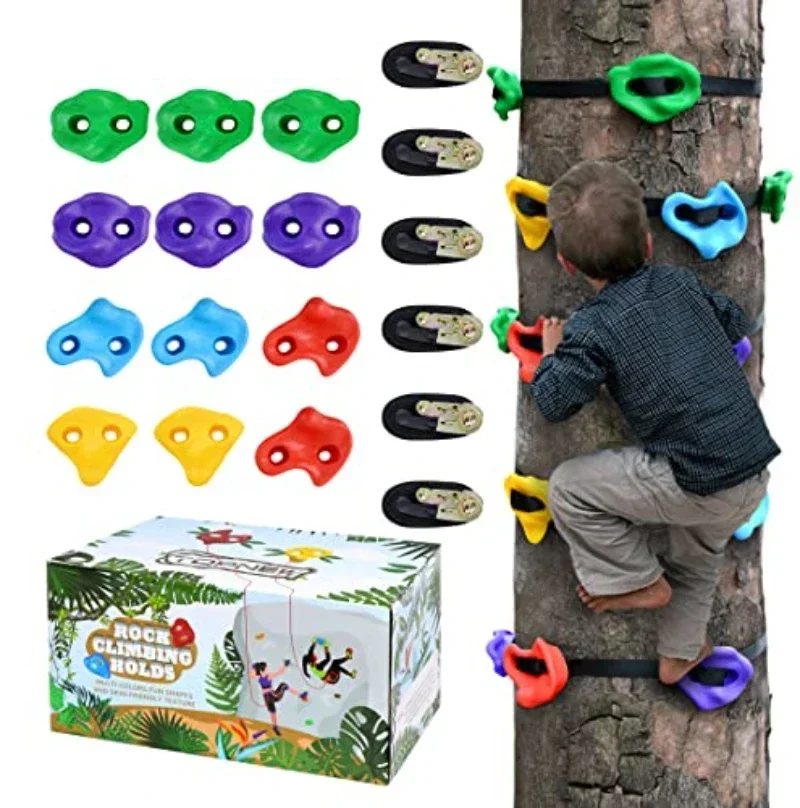 Wood Wall Climbing Stones for Kids - Set of 10 Outdoor Playset Holds for Playground, Tree, Rock Climbing, and Physical Training