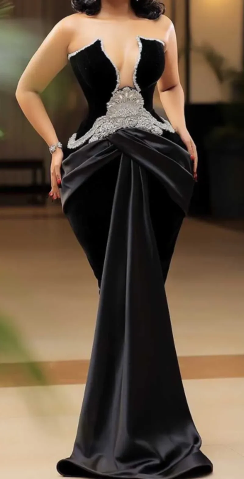 2024  African formal party dress, Beautiful style black velvet evening gown, sparkling pearl mermaid set for wedding guests,