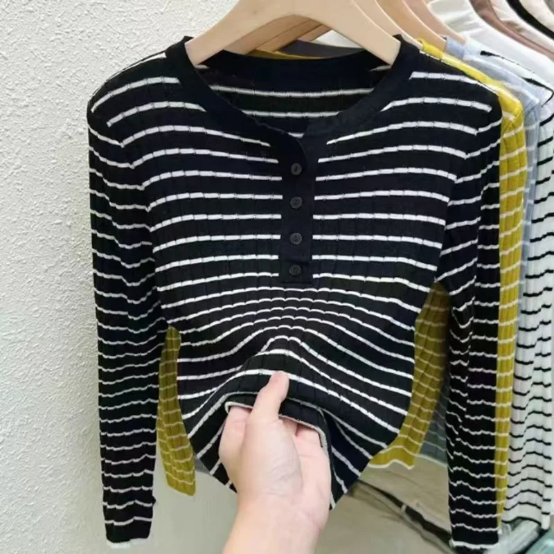 Chemise de Base à manches longues et col rond pour femme, pull tricoté rayé, nouveau Style, automne hiver