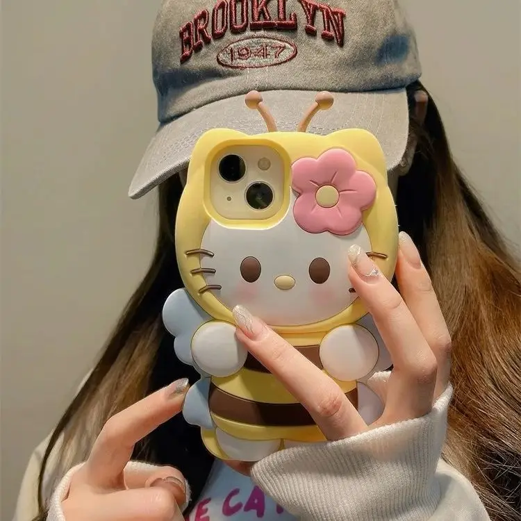 Sanrio Hello Kitty 3D Bee Kawaii Phone Case for iPhone 16 15 14 13 12 11 Pro Max XR XS MAX 7 8 Plus Cartoon Y2K Silicone Cover