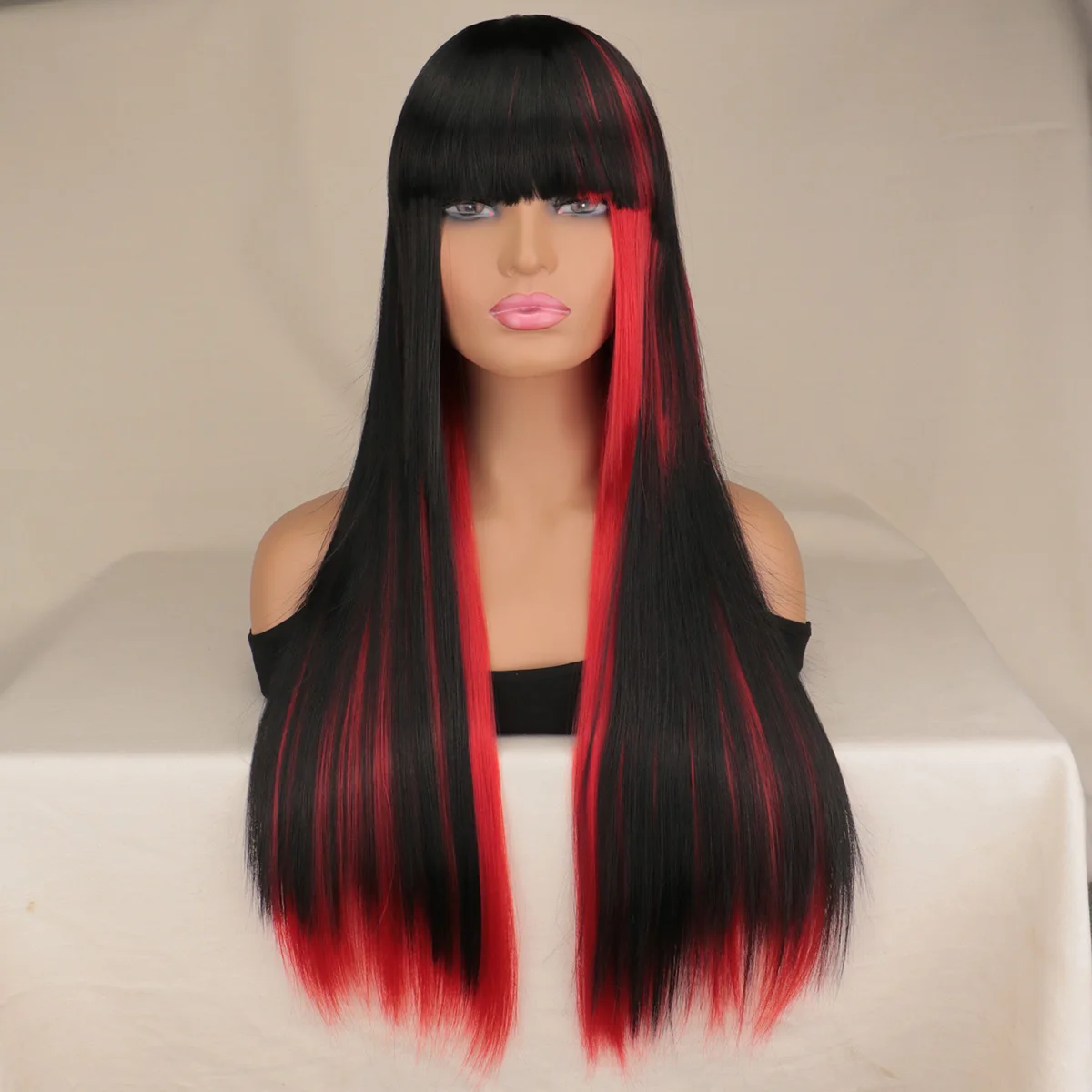 

Women Synthetic Harajuku Style Mixed Black/Red Long Straight Cosplay Wigs Long Halloween Costume Wigs For Women
