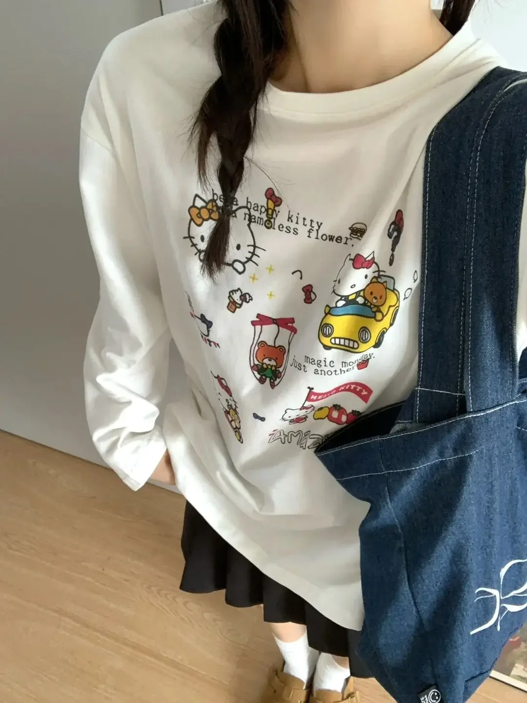

Sanrio Hello Kitty с мультяшным принтом и длинными рукавами, милая американская свободная футболка Kawaii, женский осенний топ из чистого хлопка с круглым вырезом
