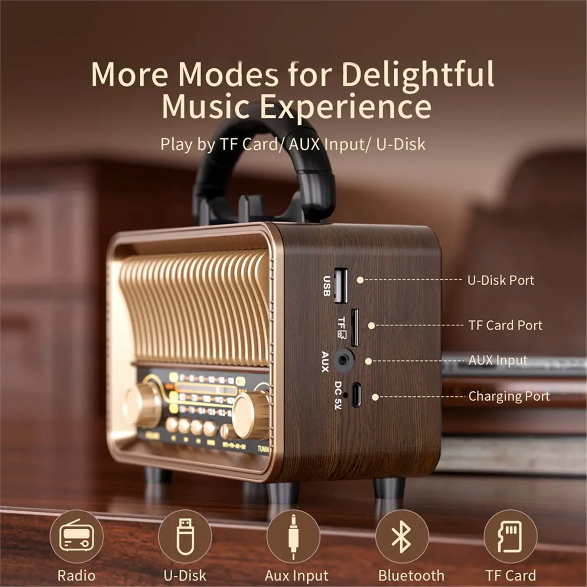 DT468 STOCK-Retro Wireless Radio Portable AM FM SW Speaker with USB Rechargeable Battery, Antenna, AUX and TF Card Playback