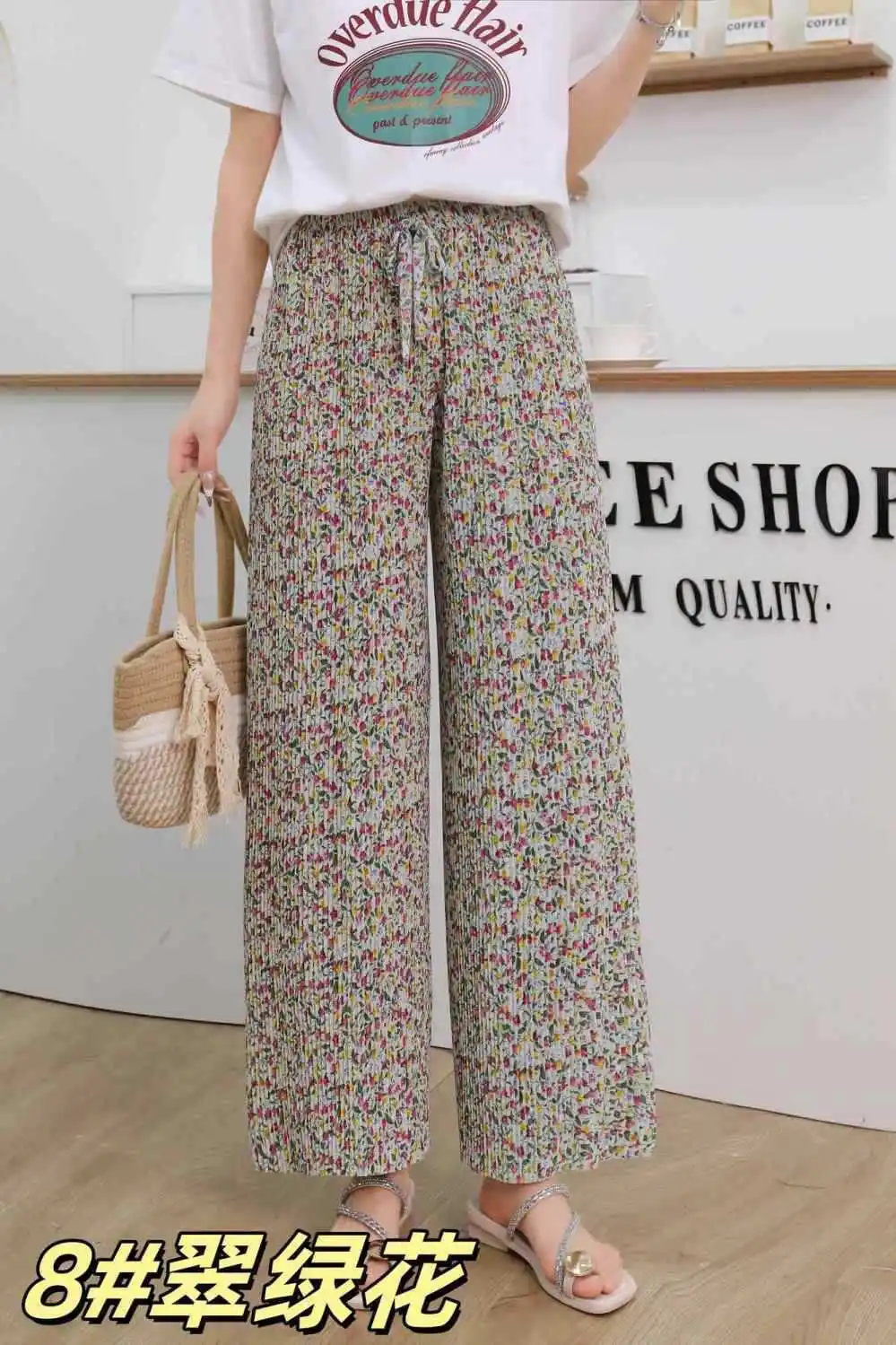 Elastic Waist Boho Plaid Flower Pleated Long Pant Wide Straight Leg Trouser Casual korean Women Elegant Home Sleeping Pants