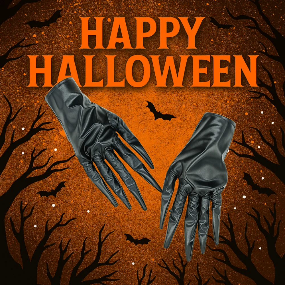 

Cool Slender Fingers Halloween Gloves Short PU Leather Ghost Claw Mittens Black Performance Prop Cosplay Costume Gloves Handwear