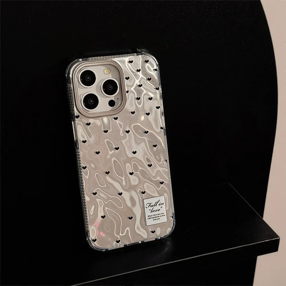 Coque de téléphone antichoc en argent avec petit cœur, style coréen, coque en poly, ondulation de l'eau, iPhone 15 14 12 13 11 Pro ProMax Plus X