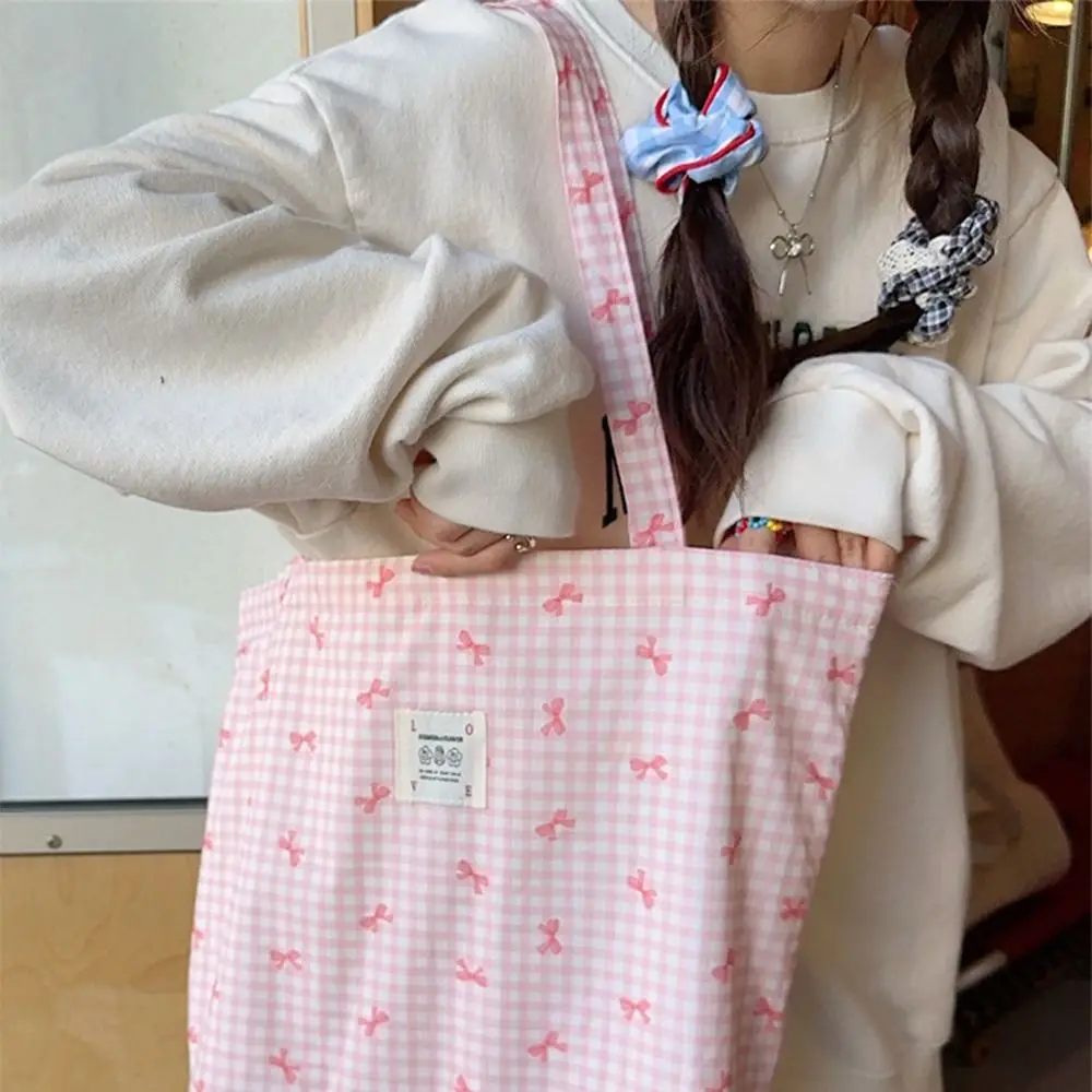 

Stylish Printed Bowknot Shoulder Bag Sweet All Match Canvas Shopping Bag Fashion Large Capacity Casual Handbag Female