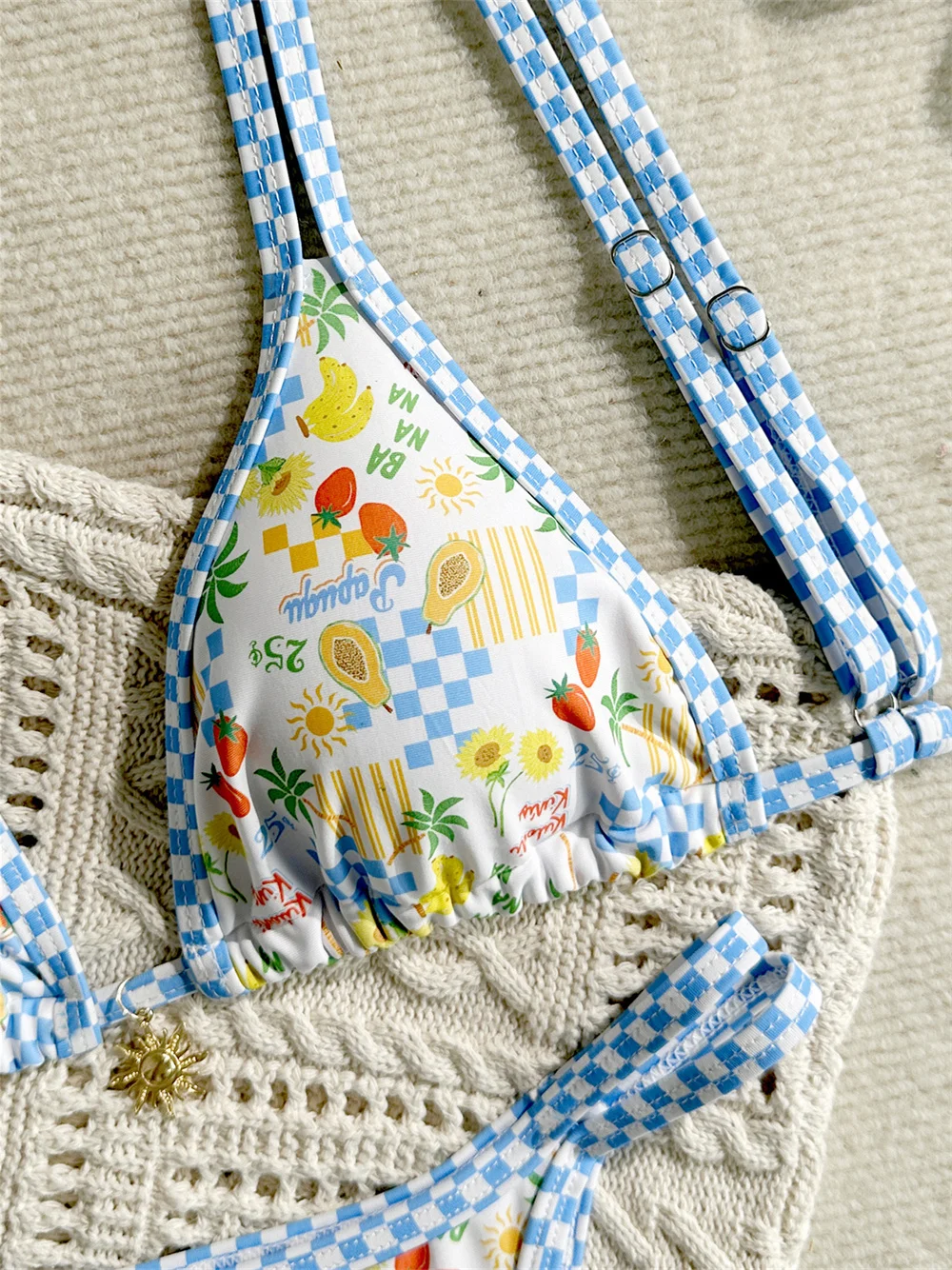 Kawaii Print Bikini Double Straps Swimsuit Women Backless Lace Up Border Swimwear Vacation Bathing Suit Beach Outfit Bikinis Set