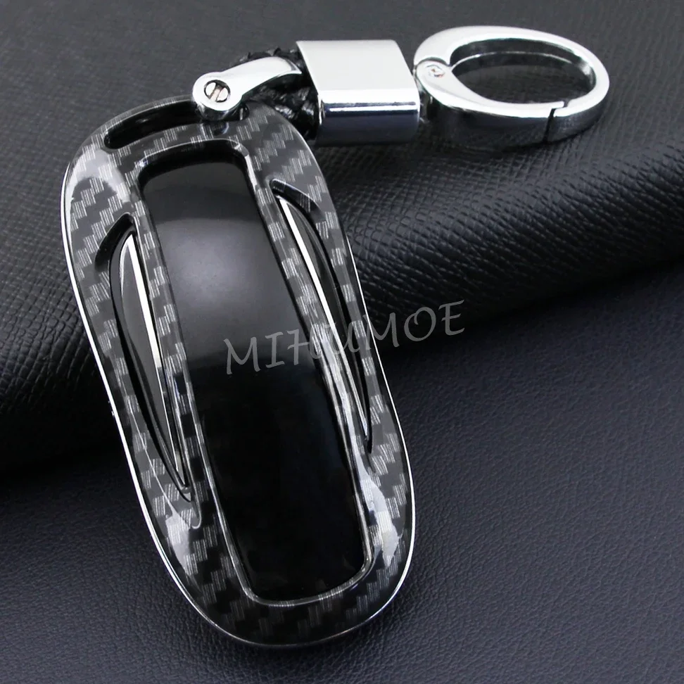 For Tesla Model X 2016-2024 Carbon Fiber Car Key Fob Chain Ring Cover Case Keychain Holder