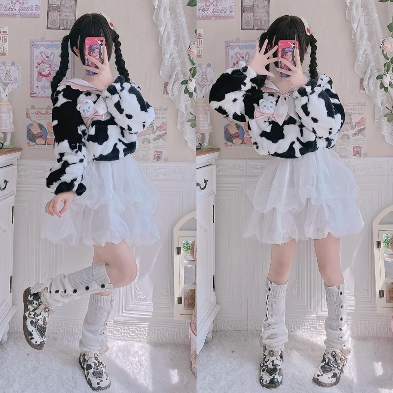 Cow Sweetheart autunno inverno Lolita Coat Cute Student Cow Plush maglione Jk Coat peluche Short Goth Dresses Women Lolita